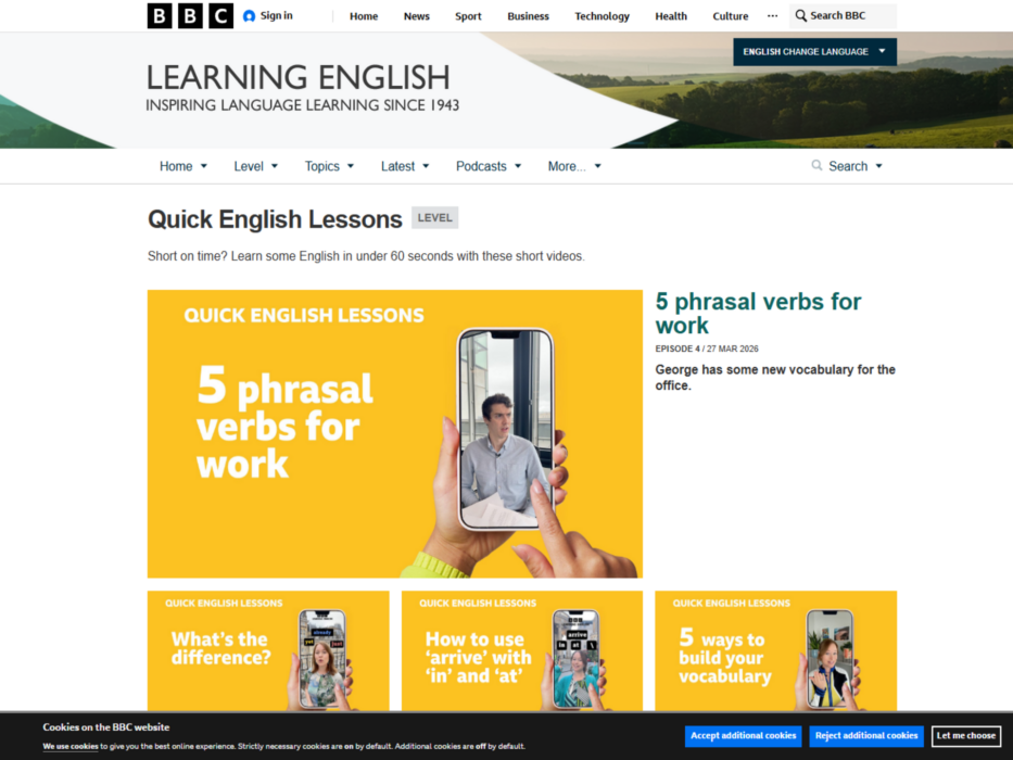 Strona internetowa BBC Learning English z sekcją szybkich lekcji angielskiego.